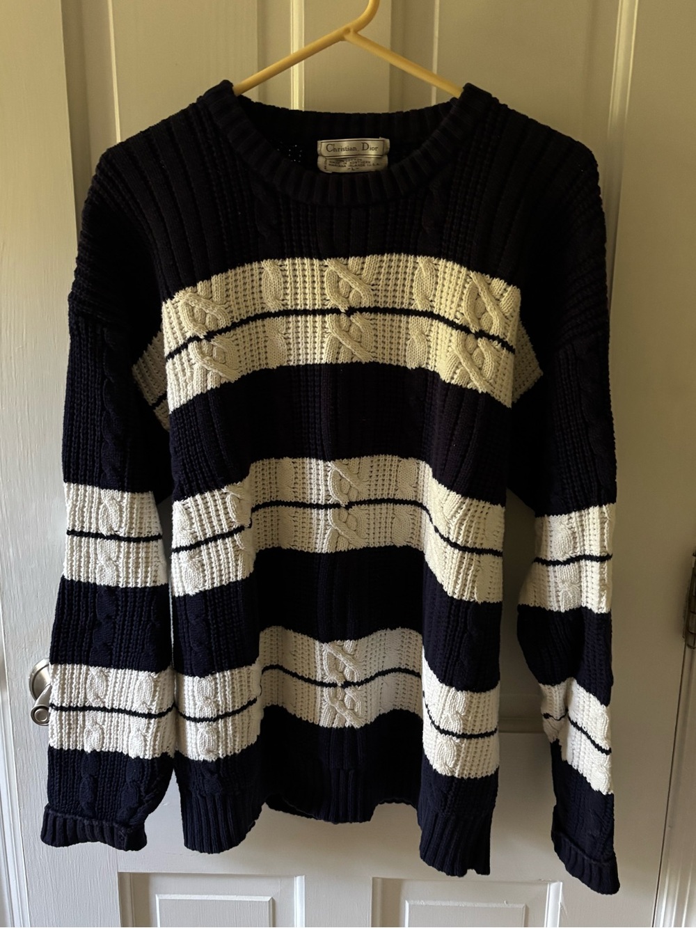Dior Navy & White Striped Cable-Knit Crewneck Sweater - Men